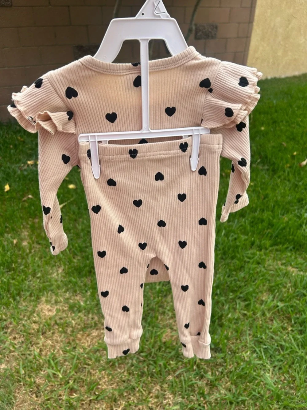 Blush Heart Print Ruffled Shoulder Baby Matching Set
